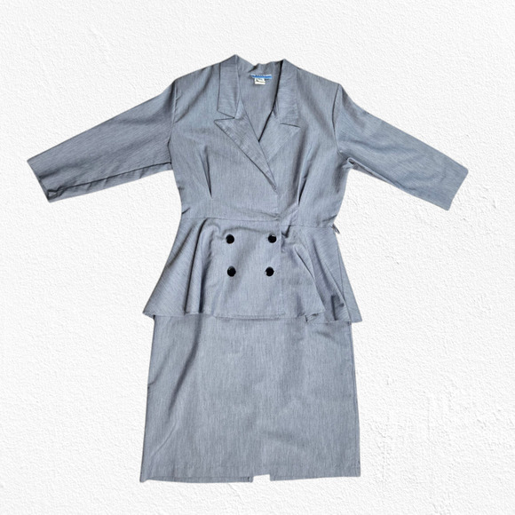 1980s Vintage Gray Office Career Made in USA Peplum Pencil Power Dress Size 14P - Picture 2 of 10